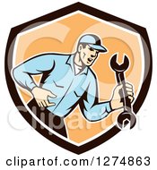 Poster, Art Print Of Retro Mechanic Man Shouting And Holding A Spanner Wrench In A Brown White And Orange Shield