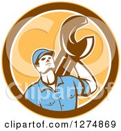 Clipart Of A Retro Mechanic Man Holding A Spanner Wrench In A Yellow Brown And White Circle Royalty Free Vector Illustration