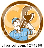 Poster, Art Print Of Retro Mechanic Man Holding A Spanner Wrench In A Yellow Brown And White Circle