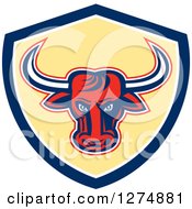 Clipart Of A Retro Red Longhorn Bull In A Blue White And Yellow Shield Royalty Free Vector Illustration