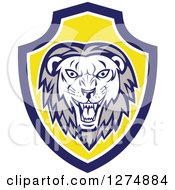 Clipart Of A Retro Roaring Lion Head In A Blue White And Yellow Shield Royalty Free Vector Illustration