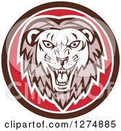 Clipart Of A Retro Roaring Lion Head In A Brown White And Red Circle Royalty Free Vector Illustration