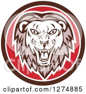 Poster, Art Print Of Retro Roaring Lion Head In A Brown White And Red Circle