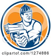 Poster, Art Print Of Retro Male Robber Pointing A Gun In A Blue White And Orange Circle