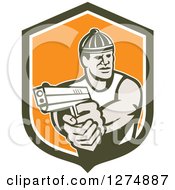 Clipart Of A Retro Male Robber Pointing A Gun In A Brown White And Orange Shield Royalty Free Vector Illustration by patrimonio