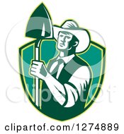 Clipart Of A Retro Woodcut Male Farmer Holding A Shovel In A Bgreen Shield Royalty Free Vector Illustration