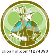 Poster, Art Print Of Retro Woodcut Male Gardener Or Farmer Holding A Rake In A Green And White Circle