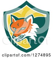 Poster, Art Print Of Retro Fox Head Snarling In A Green White And Yellow Shield