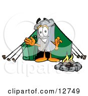 Garbage Can Mascot Cartoon Character Camping With A Tent And Fire