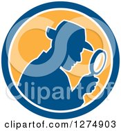 Clipart Of A Retro Silhouetted Detective Using A Magnifying Glass In A Blue White And Yellow Circle Royalty Free Vector Illustration by patrimonio