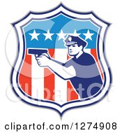 Poster, Art Print Of Retro Male Police Officer Aiming A Firearm In An American Flag Shield