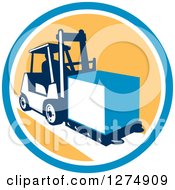 Poster, Art Print Of Retro Forklift Moving A Box In A Blue White And Yellow Circle