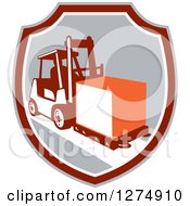 Poster, Art Print Of Retro Forklift Moving A Box In A Gray Maroon And White Shield
