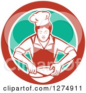 Poster, Art Print Of Retro Female Chef Mixing Ingredients In A Bowl Inside A Red White And Green Circle