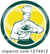 Poster, Art Print Of Retro Male Chef Holding A Roasted Chicken On A Plate In A Green White And Yellow Circle