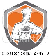 Retro Male Chef Holding A Roasted Chicken On A Plate In A Shield