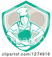 Poster, Art Print Of Retro Female Chef Mixing Ingredients In A Bowl Inside A Green White And Taupe Shield