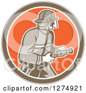 Poster, Art Print Of Retro Fireman Holding A Hose In A Brown White And Orange Circle