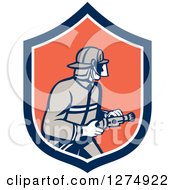 Poster, Art Print Of Retro Fireman Holding A Hose In A Blue White And Orange Shield