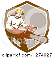 Poster, Art Print Of Retro Male Arborist Using A Chainsaw In A Brown White And Taupe Shield