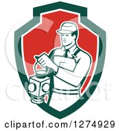 Retro Train Signaler Worker Man Holding A Lamp In A Green White And Red Shield