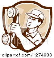 Clipart Of A Retro Telephone Repair Man Holding Out A Red Receiver In A Brown And White Shield Royalty Free Vector Illustration