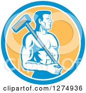 Clipart Of A Retro Shirtless Male Worker With A Sledgehammer In A Blue White And Yellow Circle Royalty Free Vector Illustration
