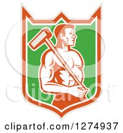 Clipart Of A Retro Shirtless Male Worker With A Sledgehammer In A Taupe Orange White And Green Shield Royalty Free Vector Illustration