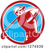 Poster, Art Print Of Retro Woodcut Male Golfer Swinging In A Red White And Blue Circle