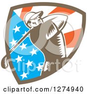 Poster, Art Print Of Retro Woodcut Male Golfer Swinging In An American Flag Shield