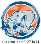 Poster, Art Print Of Retro Jumping Elephant In A Gray Blue White And Orange Circle