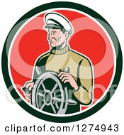 Retro Male Sea Captain At The Wheel In A Black White And Red Circle