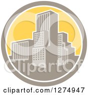 Poster, Art Print Of Retro City In A Tan White And Yellow Circle