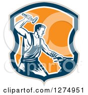 Clipart Of A Retro Woodcut Blacksmith Hammering In A Taupe Blue White And Orange Shield Royalty Free Vector Illustration by patrimonio
