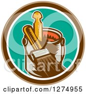 Poster, Art Print Of Retro Woodcut Paintbrush And Can In A Brown White And Turquoise Circle