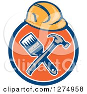 Clipart Of A Retro Hardhat Over A Crossed Hammer And Paintbrush In A Blue White And Orange Circle Royalty Free Vector Illustration