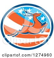 Poster, Art Print Of Retro Leaping Deer In A Blue White And American Flag Oval