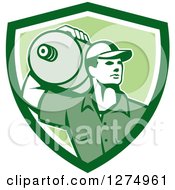 Poster, Art Print Of Retro Male Water Delivery Worker In A Green And White Shield