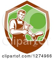 Clipart Of A Retro Shoemaker Cobbler Working In A Brown White And Green Shield Royalty Free Vector Illustration by patrimonio