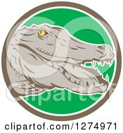 Poster, Art Print Of Retro Alligator Head In A Taupe White And Green Circle