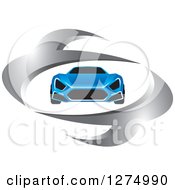Clipart Of A Blue Car Inside A Silver Oval Royalty Free Vector Illustration