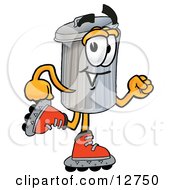 Garbage Can Mascot Cartoon Character Roller Blading On Inline Skates