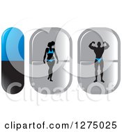 Clipart Of A Silhouetted Bikini Competitor Woman And Bodybuilder Man Flexing Inside Blue Black And Silver Pills Royalty Free Vector Illustration