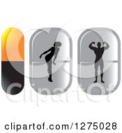 Clipart Of A Silhouetted Woman Bending Over And Bodybuilder Man Flexing Inside Orange Black And Silver Pills Royalty Free Vector Illustration by Lal Perera
