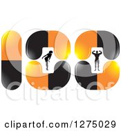 Clipart Of A Silhouetted Woman Bending Over And Bodybuilder Man Flexing Inside Orange And Black Pills Royalty Free Vector Illustration