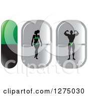 Clipart Of A Silhouetted Bikini Competitor Woman And Bodybuilder Man Flexing Inside Green Black And Silver Pills Royalty Free Vector Illustration