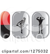 Clipart Of A Silhouetted Woman Bending Over And Bodybuilder Man Flexing Inside Red Black And Silver Pills Royalty Free Vector Illustration by Lal Perera
