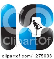 Clipart Of A Black Silhouetted Female Fitness Bikini Competitor Bending Over In Black And Blue Pills Royalty Free Vector Illustration by Lal Perera