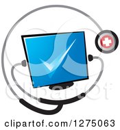 Clipart Of A Medical Stethoscope Around A Check Mark On A Blue Screen Royalty Free Vector Illustration