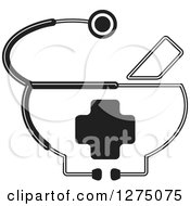Clipart Of A Black And White Medical Stethoscope Around A Cross Royalty Free Vector Illustration by Lal Perera